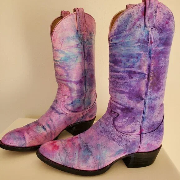 Tony Lama 10 painted pink purple blue western cowboy boots barbie cowgirl rodeo - Picture 2 of 13